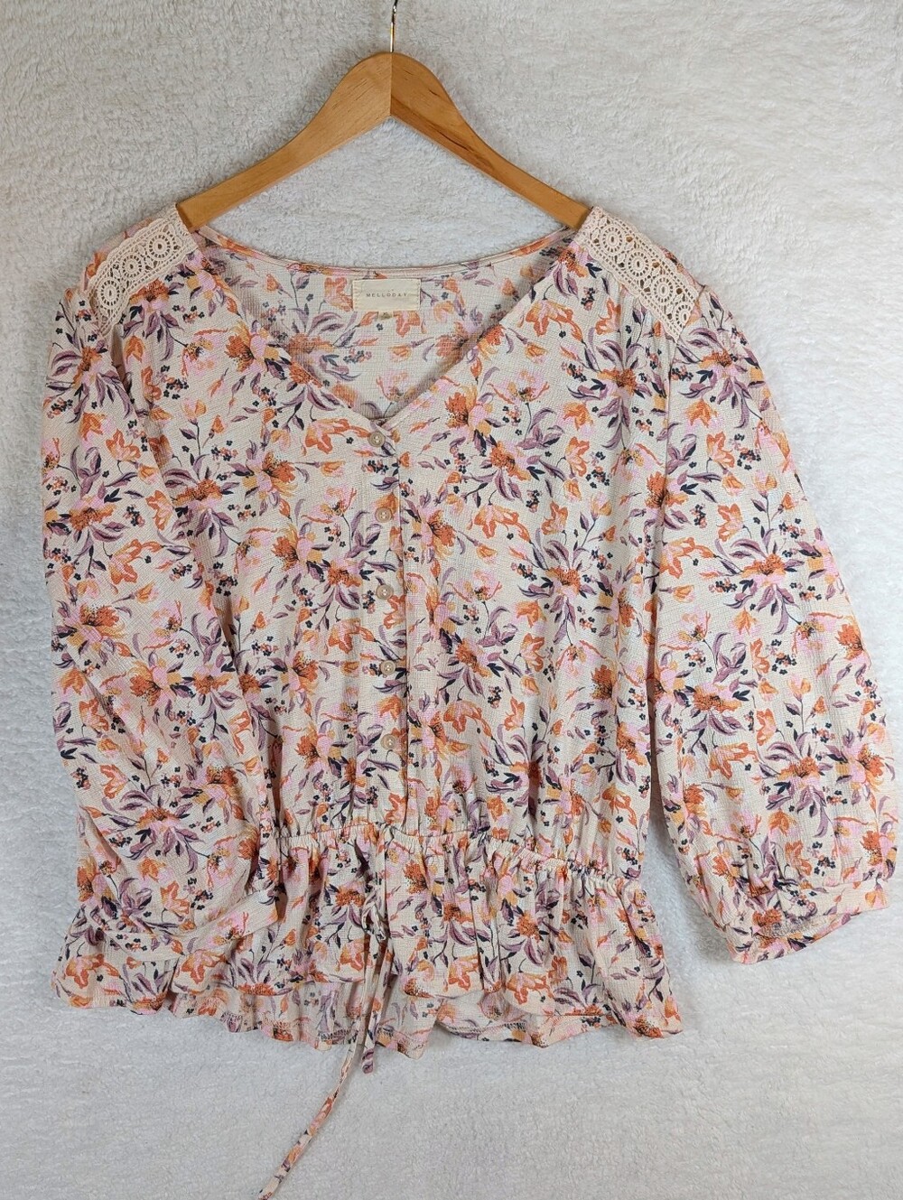 9-MELLODAY Pink‎ Floral Button-Front Peplum Blouse